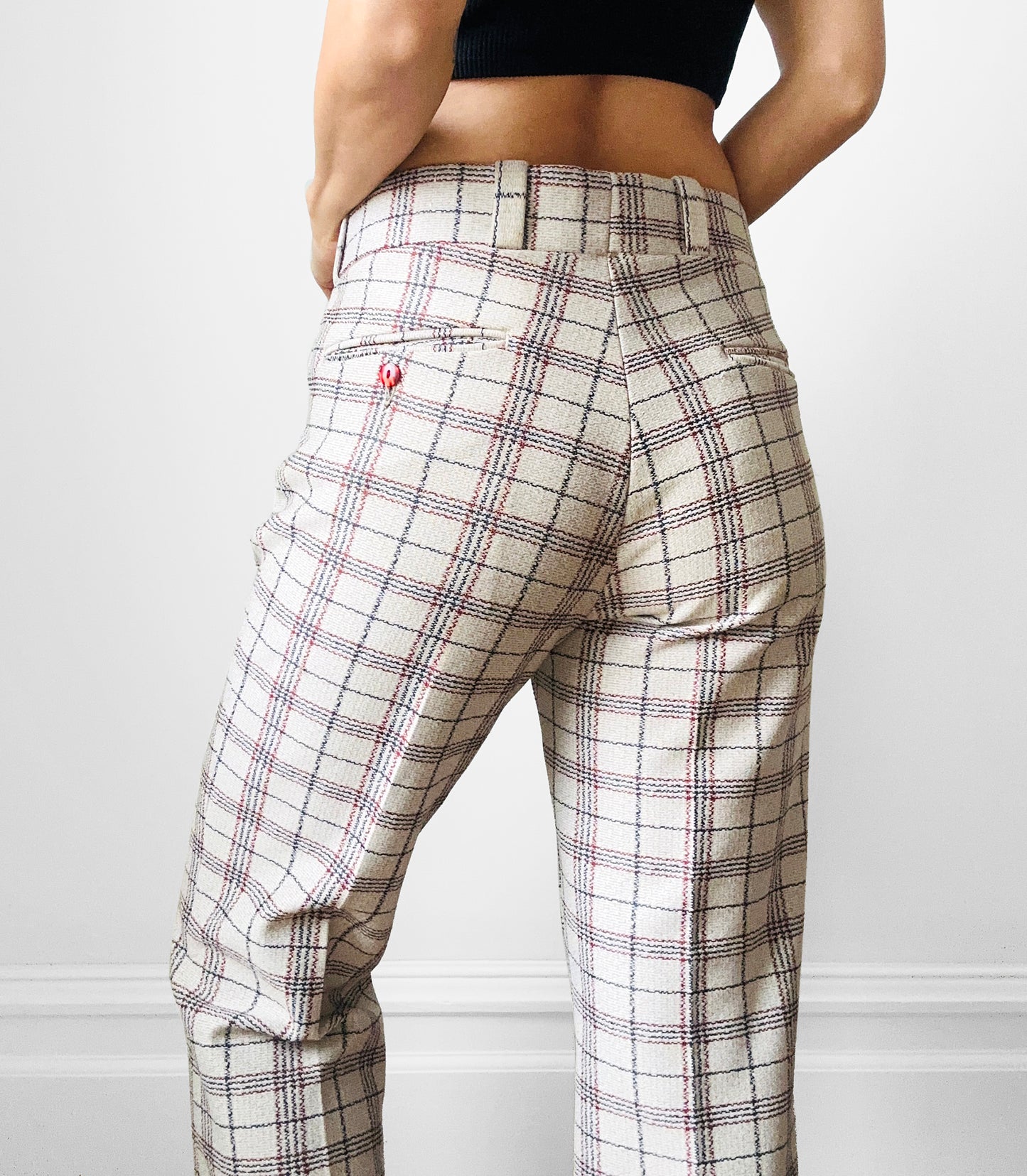 1970s Off-White Plaid Mid-Rise Flare Leg Trousers - Waist 34.5