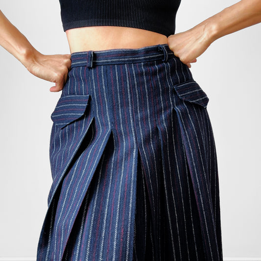 1960s Blue Pinstripe Wool Blend Aline Front Pocket Split Front Skirt - Sz. S