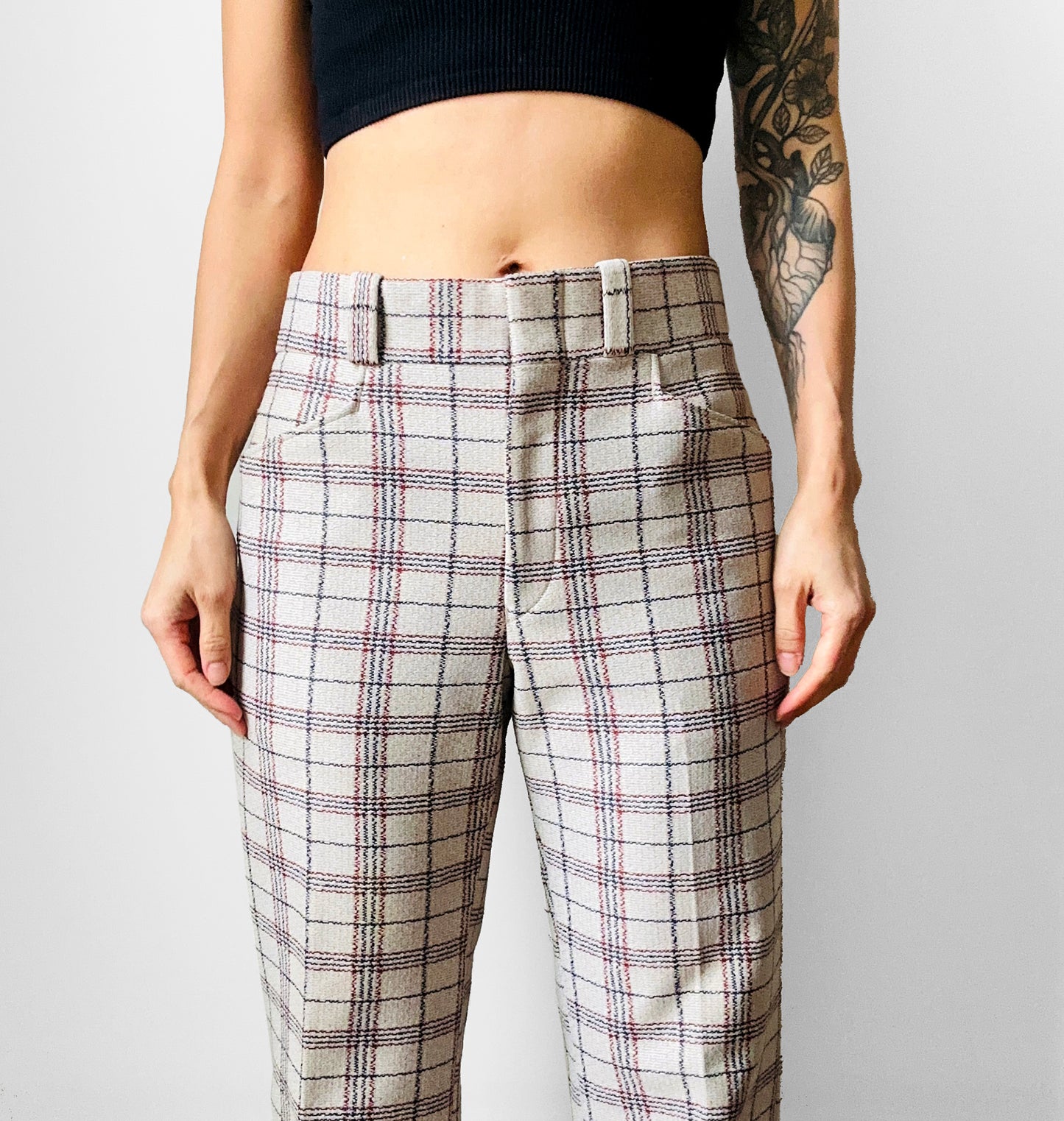 1970s Off-White Plaid Mid-Rise Flare Leg Trousers - Waist 34.5