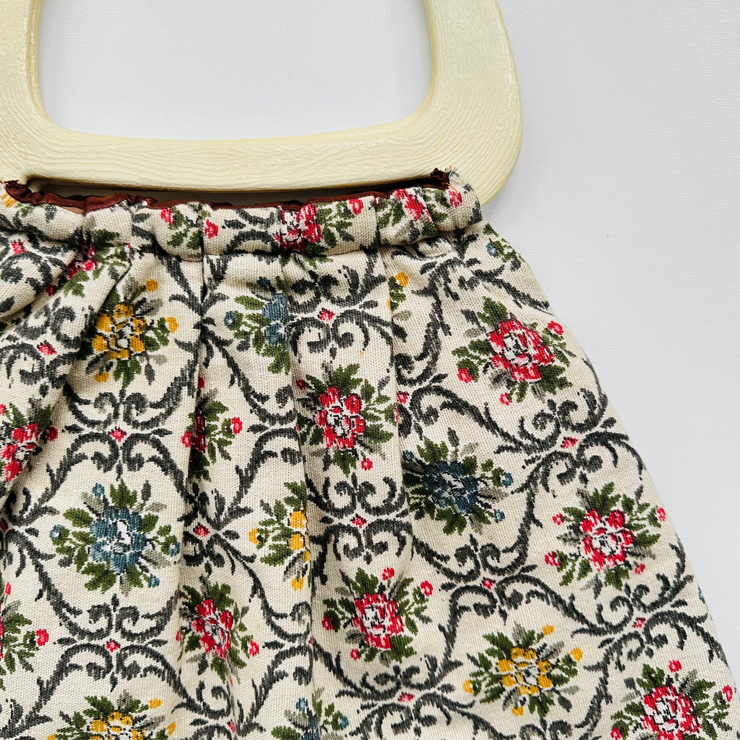 1960s Floral Tapestry Faux Wood Handled Handbag