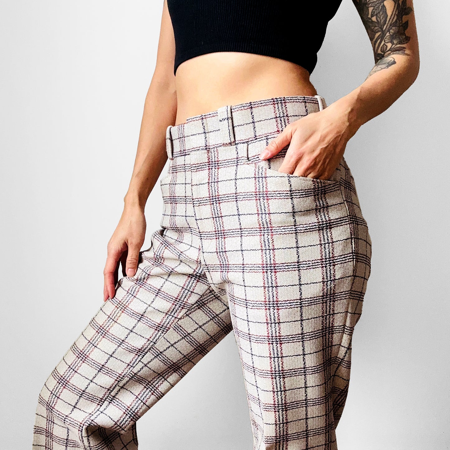 1970s Off-White Plaid Mid-Rise Flare Leg Trousers - Waist 34.5