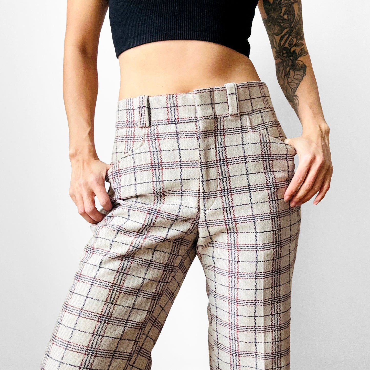 1970s Off-White Plaid Mid-Rise Flare Leg Trousers - Waist 34.5