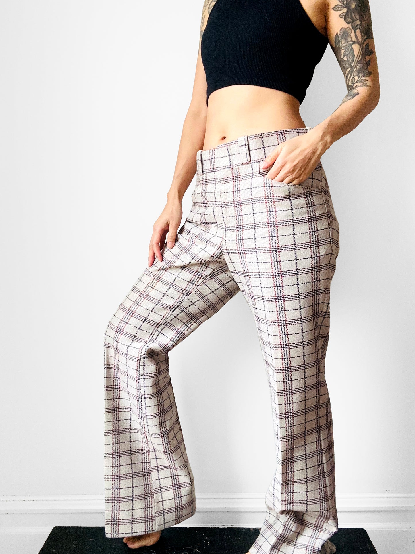 1970s Off-White Plaid Mid-Rise Flare Leg Trousers - Waist 34.5