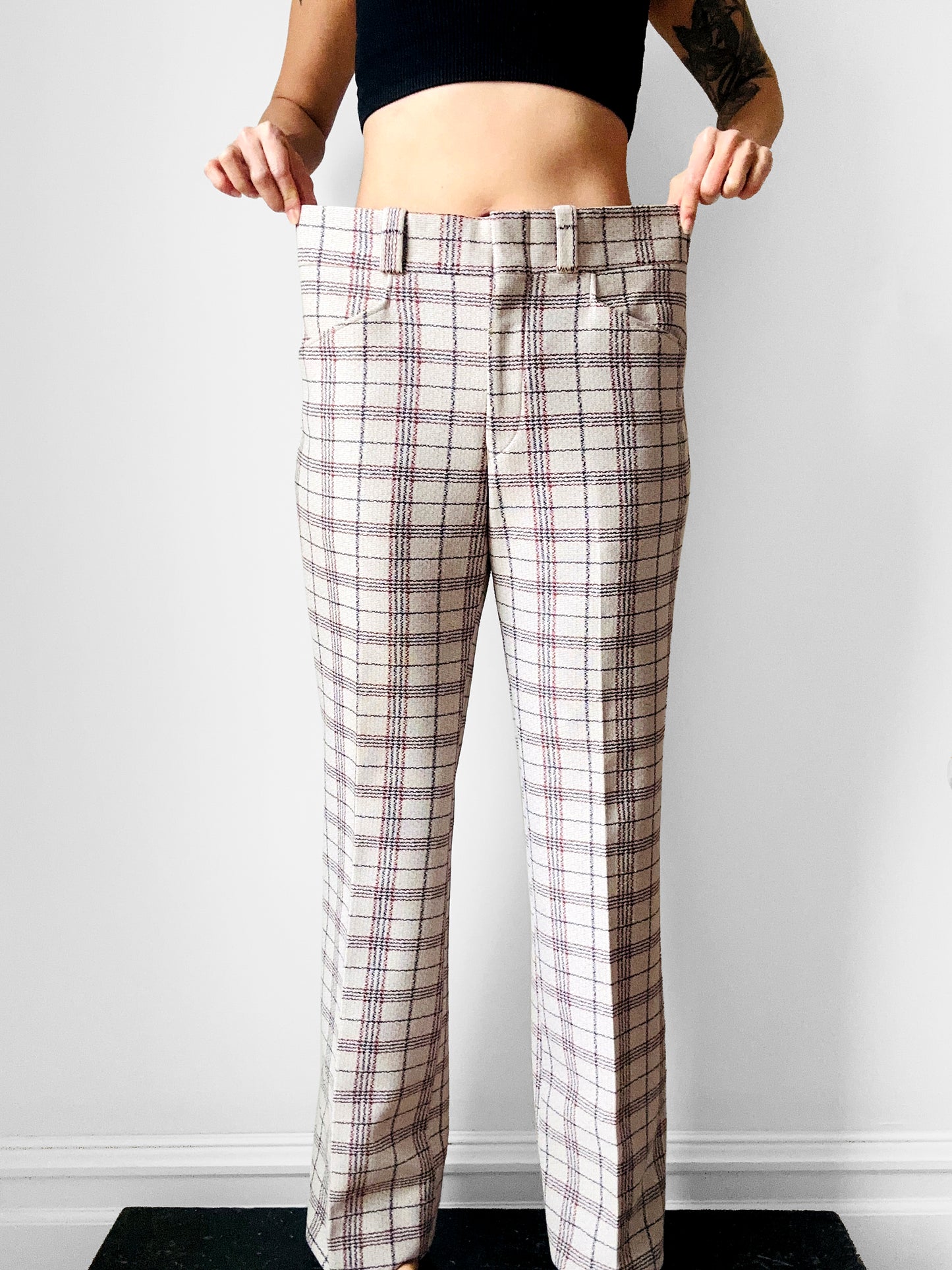 1970s Off-White Plaid Mid-Rise Flare Leg Trousers - Waist 34.5