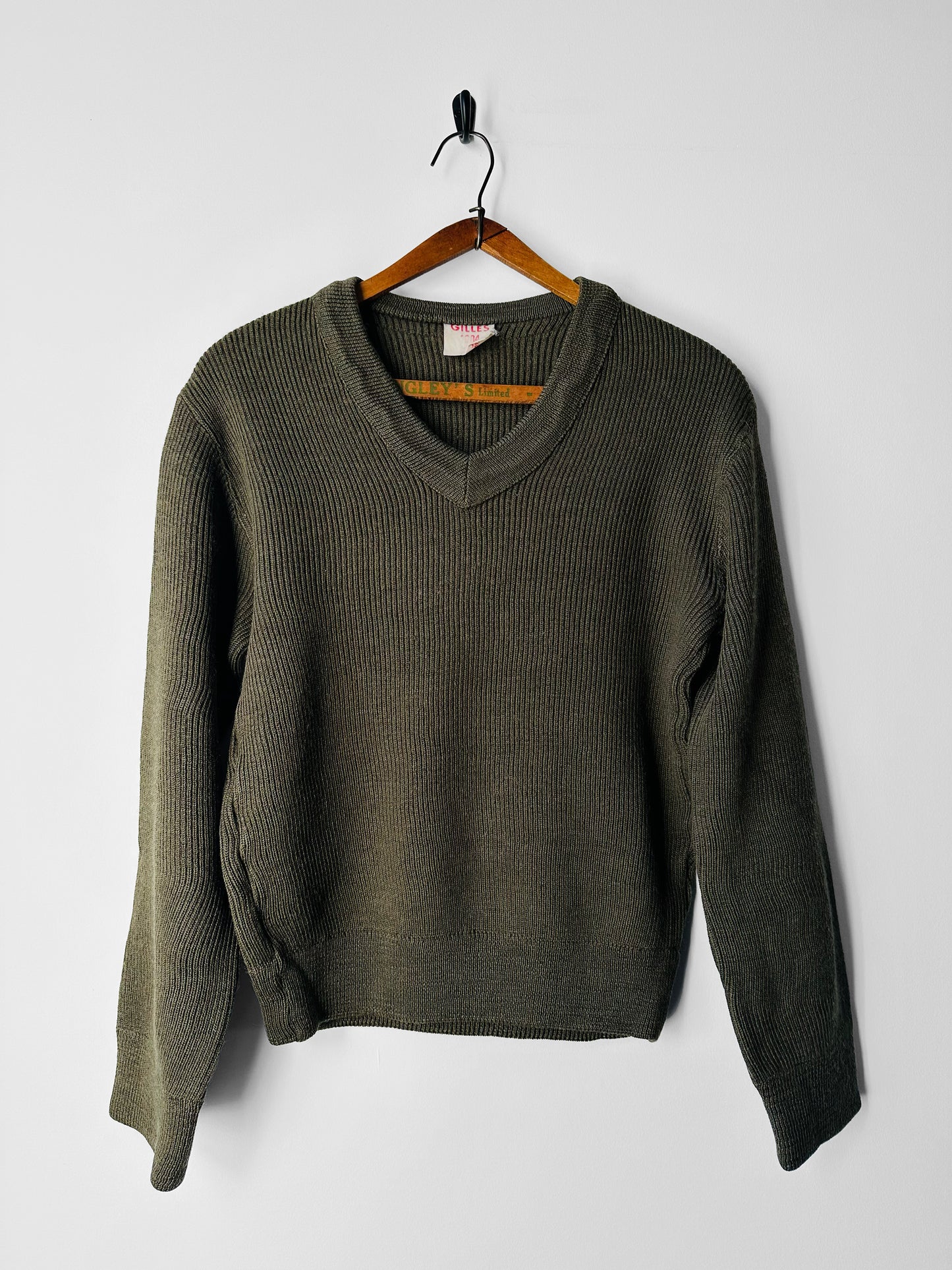 1980s French Military-Style Ribbed Wool Blended V-neck Sweater - Sz. Small