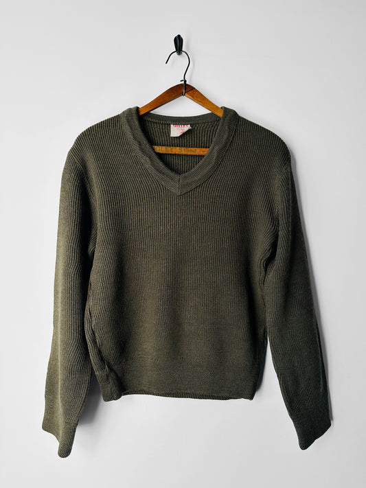 1980s French Military-Style Ribbed Wool Blended V-neck Sweater - Sz. Small