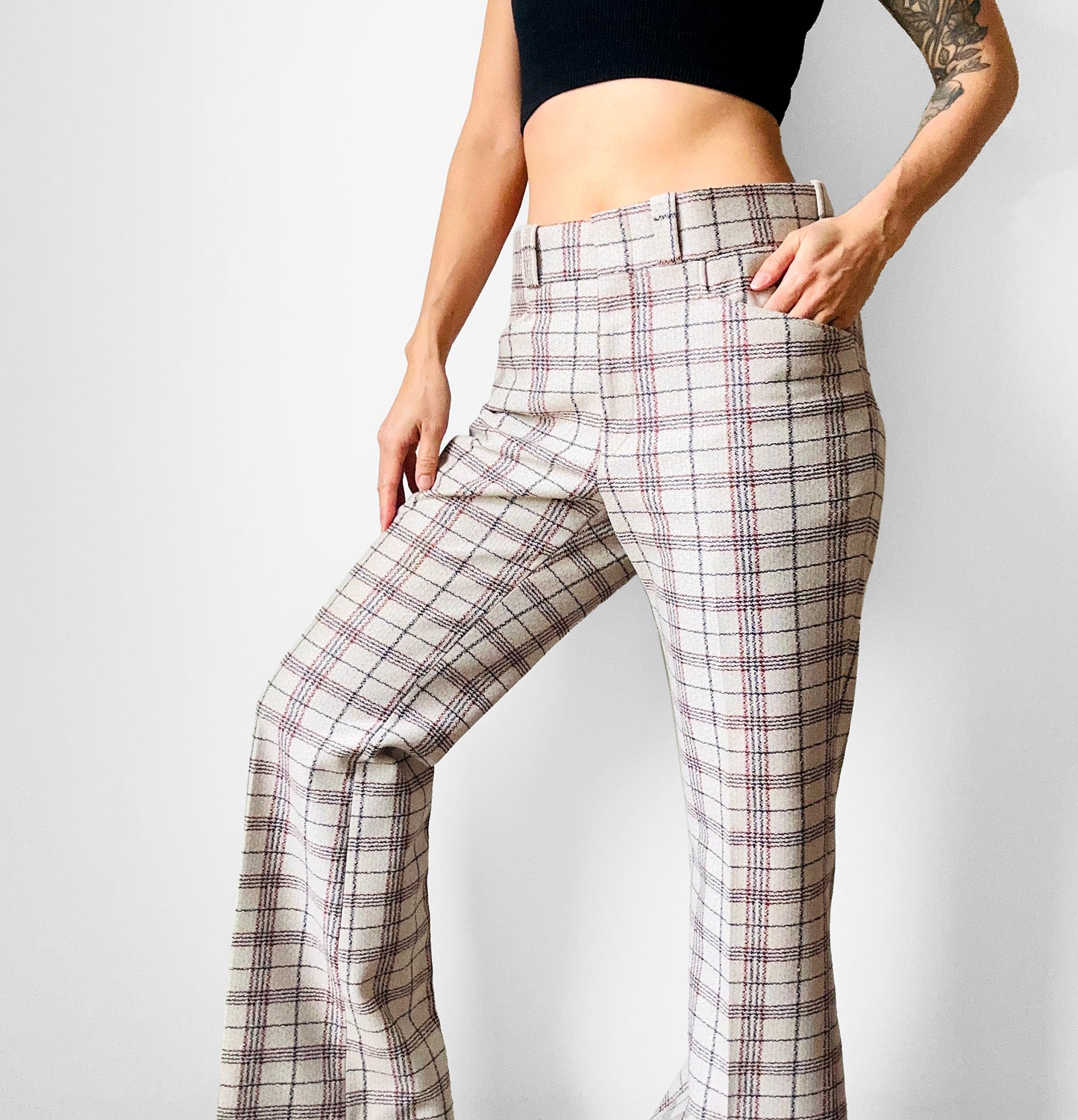 1970s Off-White Plaid Mid-Rise Flare Leg Trousers - Waist 34.5