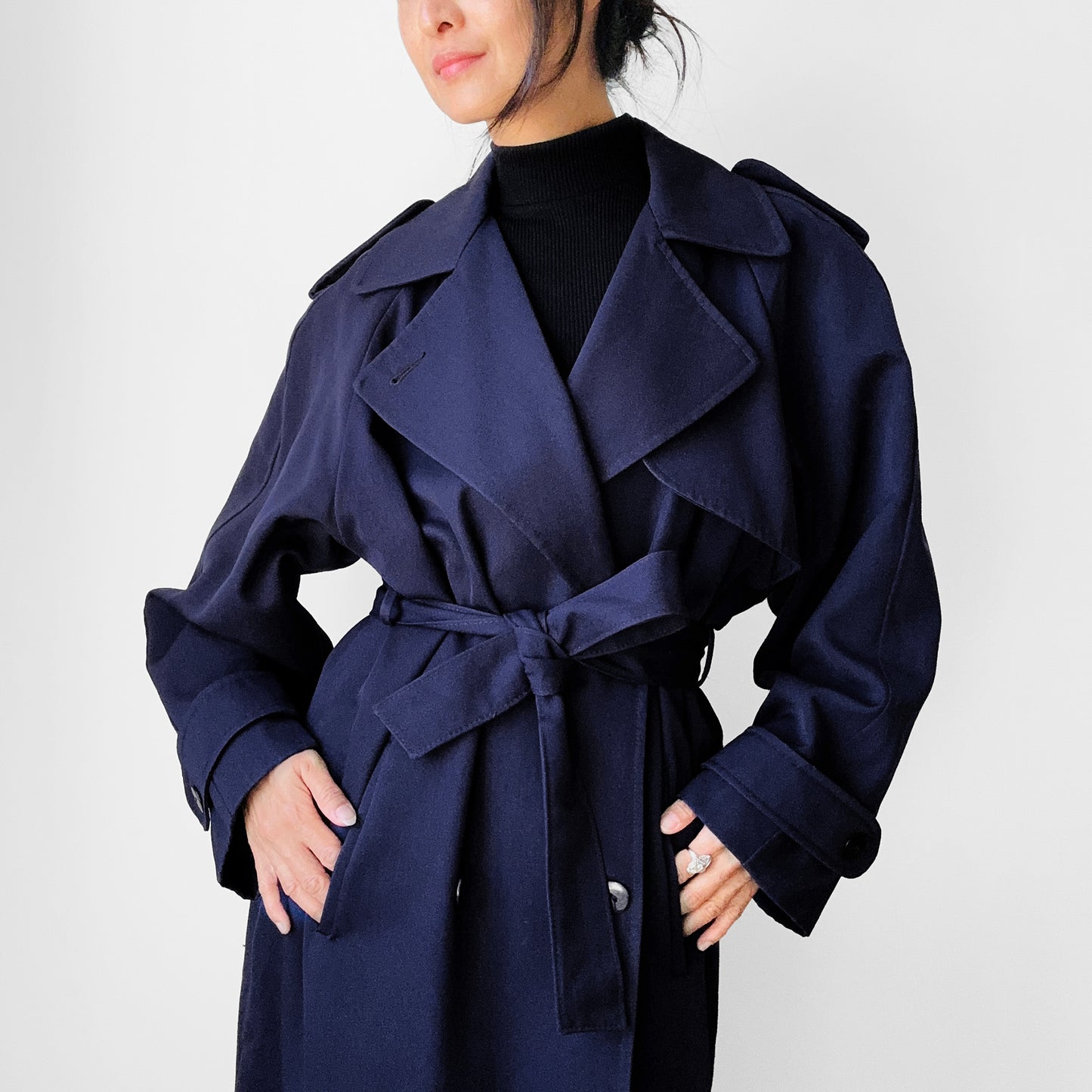 1980s Dark Eggplant Belted Double-Breasted Wool Trench Coat - Sz. S/M/L