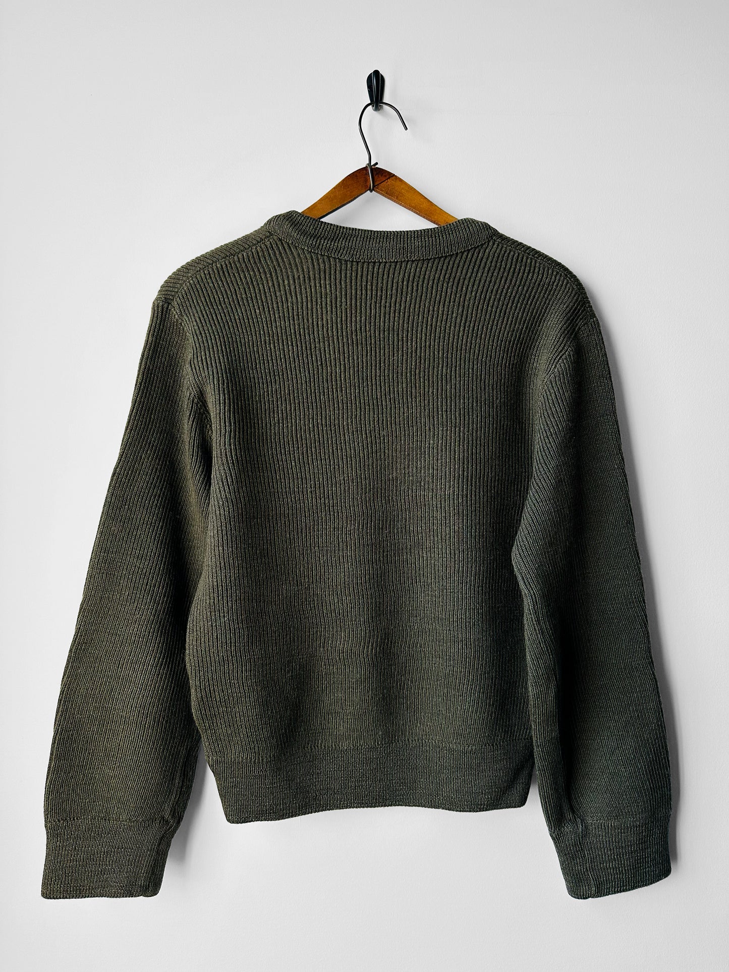 1980s French Military-Style Ribbed Wool Blended V-neck Sweater - Sz. Small