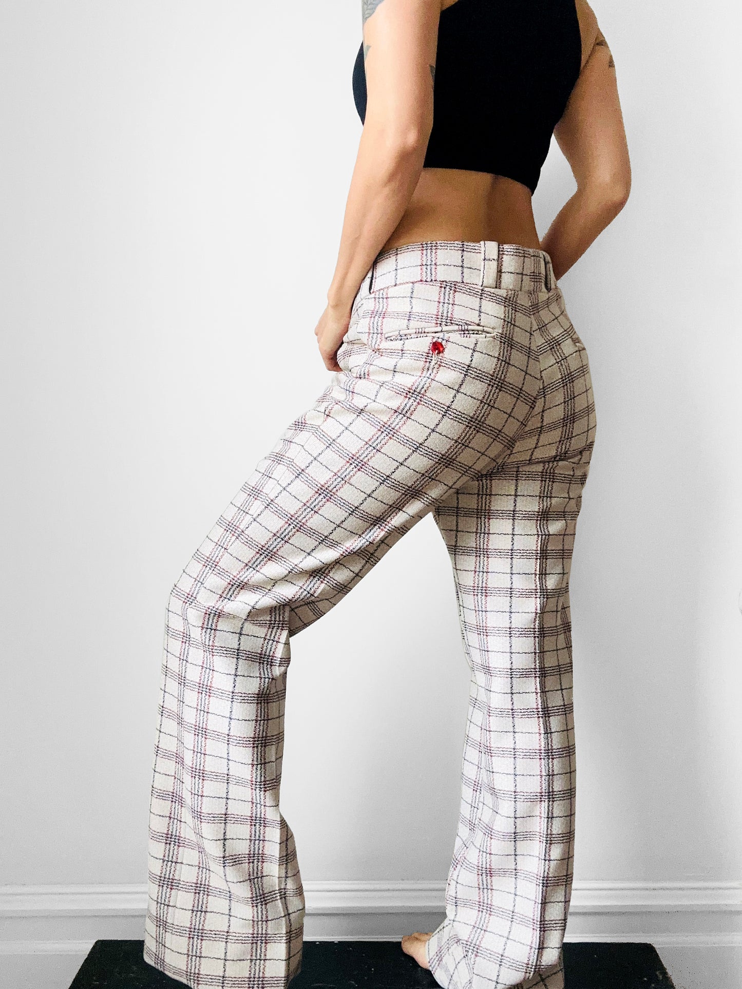 1970s Off-White Plaid Mid-Rise Flare Leg Trousers - Waist 34.5