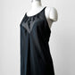 1990s Black Satin Sheer Embroidered Neck Slip Dress with Side Slit - Sz. M