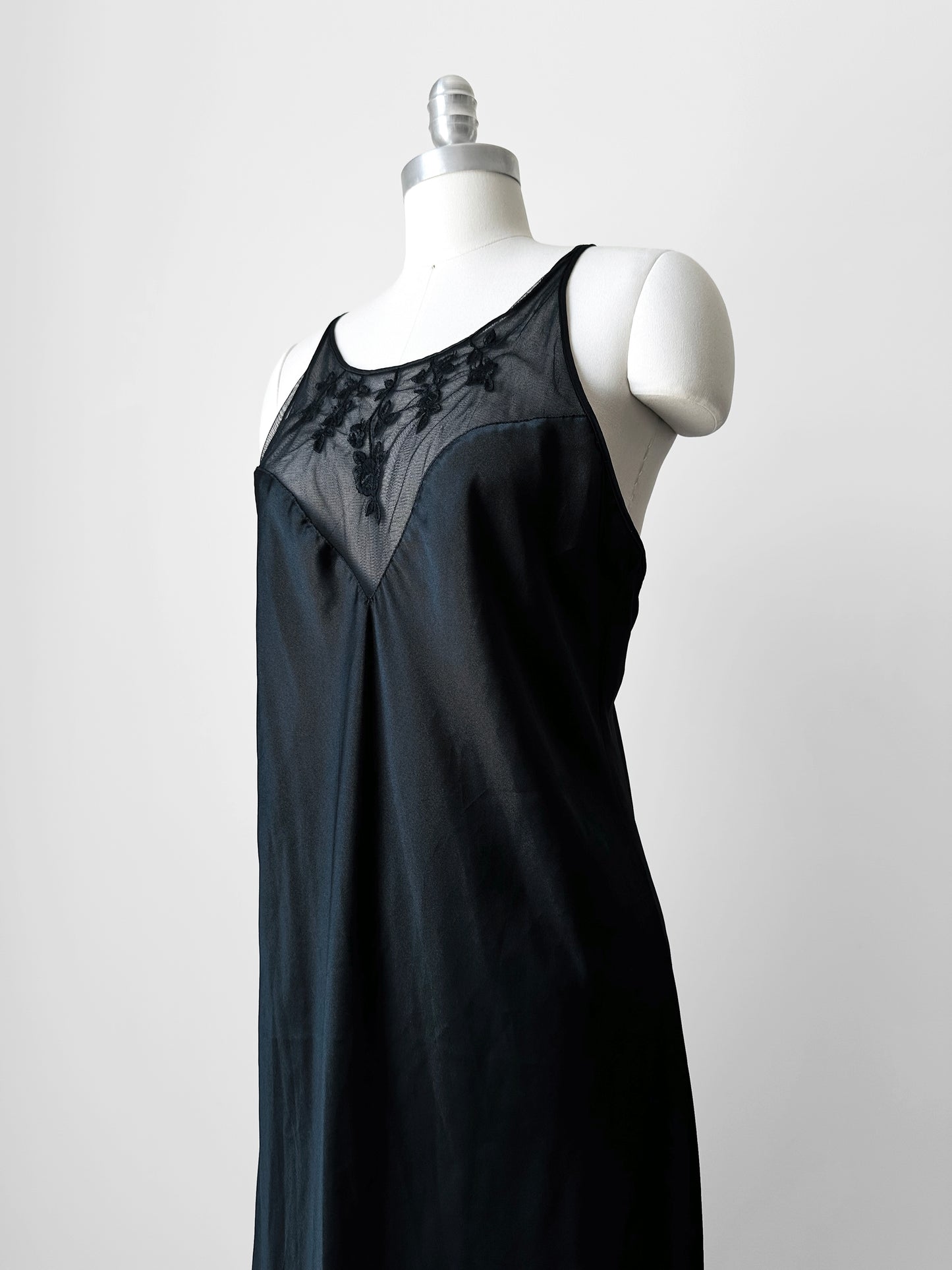 1990s Black Satin Sheer Embroidered Neck Slip Dress with Side Slit - Sz. M