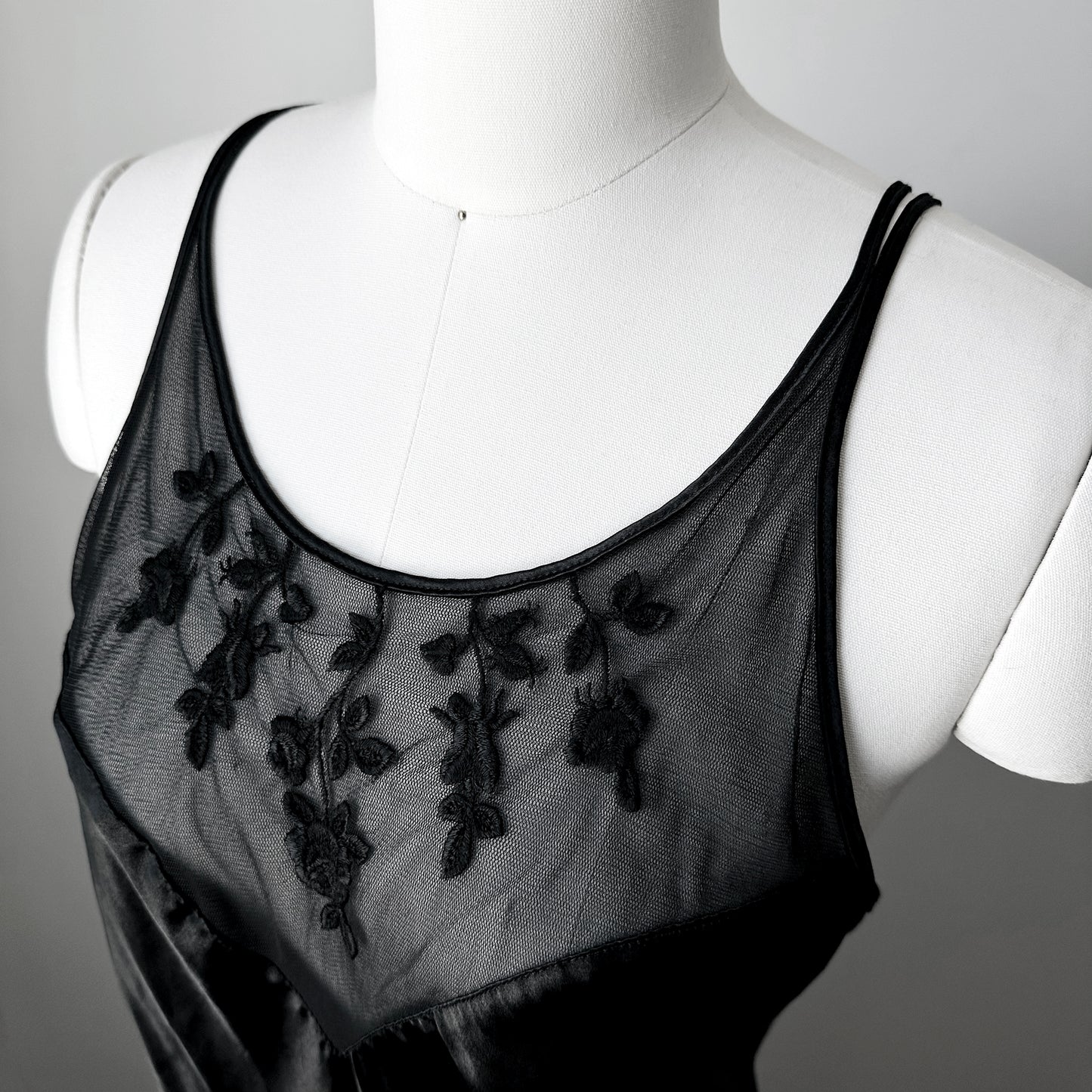 1990s Black Satin Sheer Embroidered Neck Slip Dress with Side Slit - Sz. M