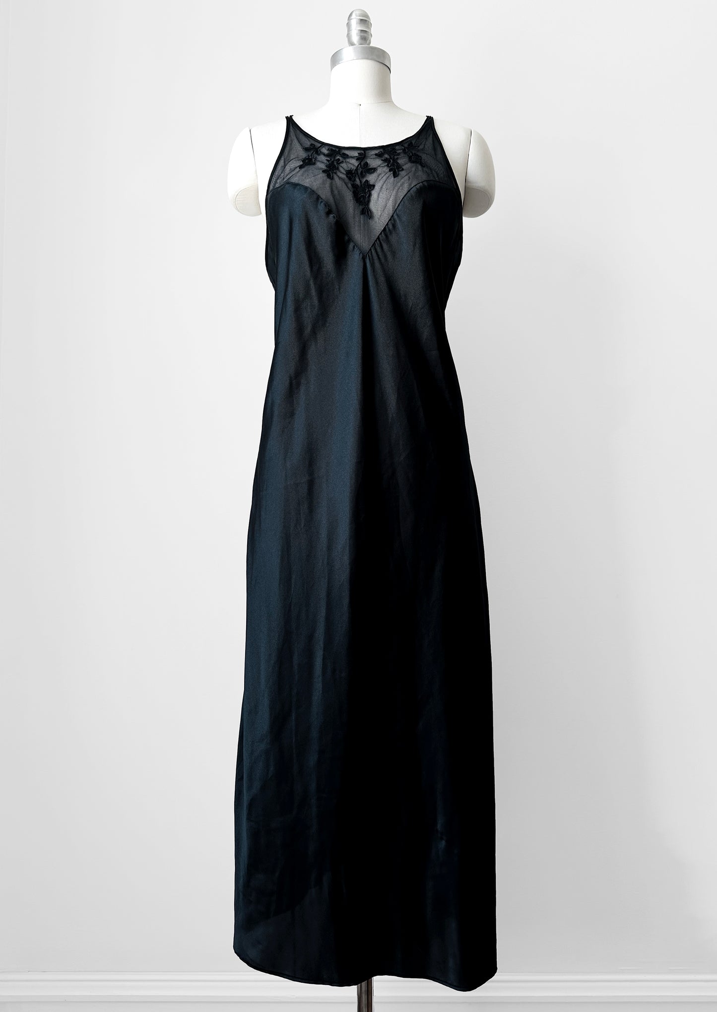 1990s Black Satin Sheer Embroidered Neck Slip Dress with Side Slit - Sz. M