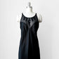 1990s Black Satin Sheer Embroidered Neck Slip Dress with Side Slit - Sz. M