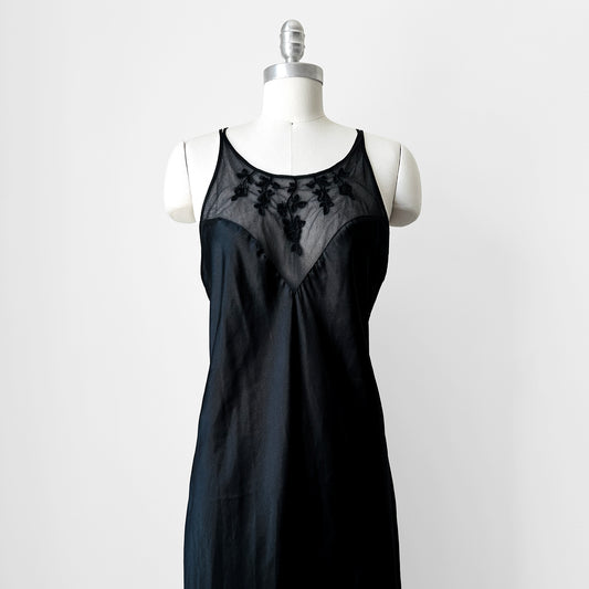 1990s Black Satin Sheer Embroidered Neck Slip Dress with Side Slit - Sz. M