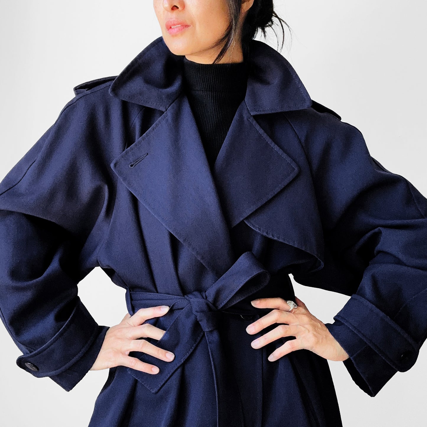 1980s Dark Eggplant Belted Double-Breasted Wool Trench Coat - Sz. S/M/L