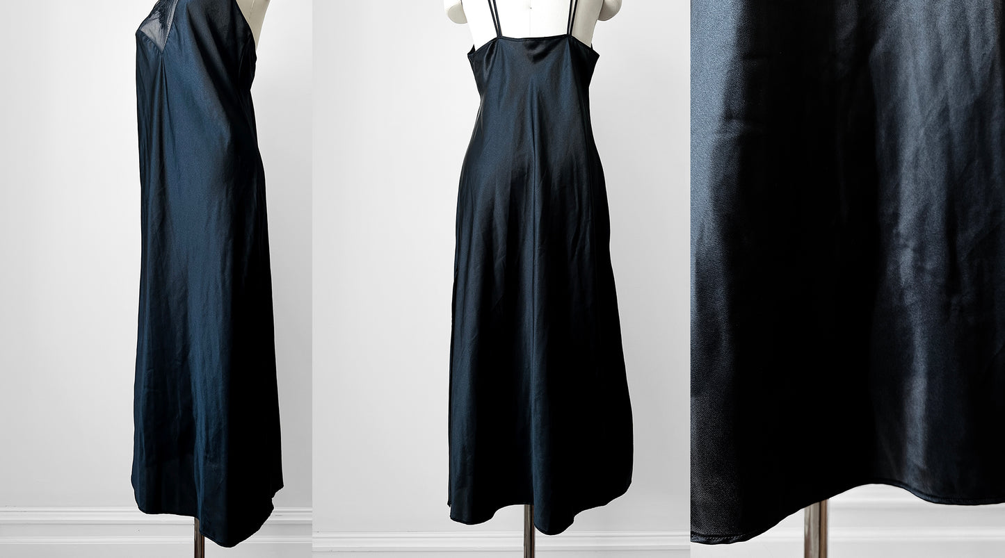 1990s Black Satin Sheer Embroidered Neck Slip Dress with Side Slit - Sz. M