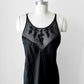 1990s Black Satin Sheer Embroidered Neck Slip Dress with Side Slit - Sz. M