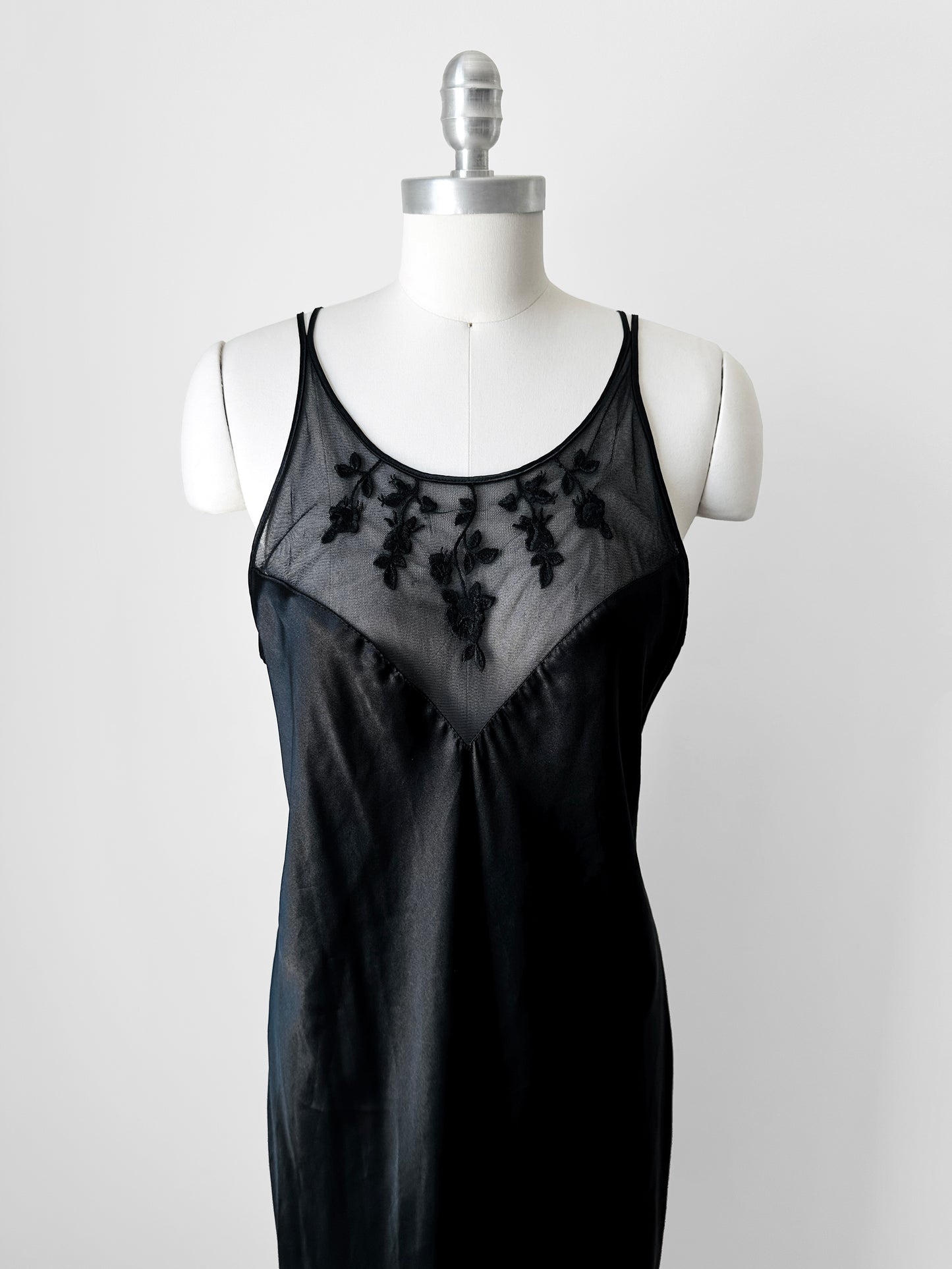 1990s Black Satin Sheer Embroidered Neck Slip Dress with Side Slit - Sz. M