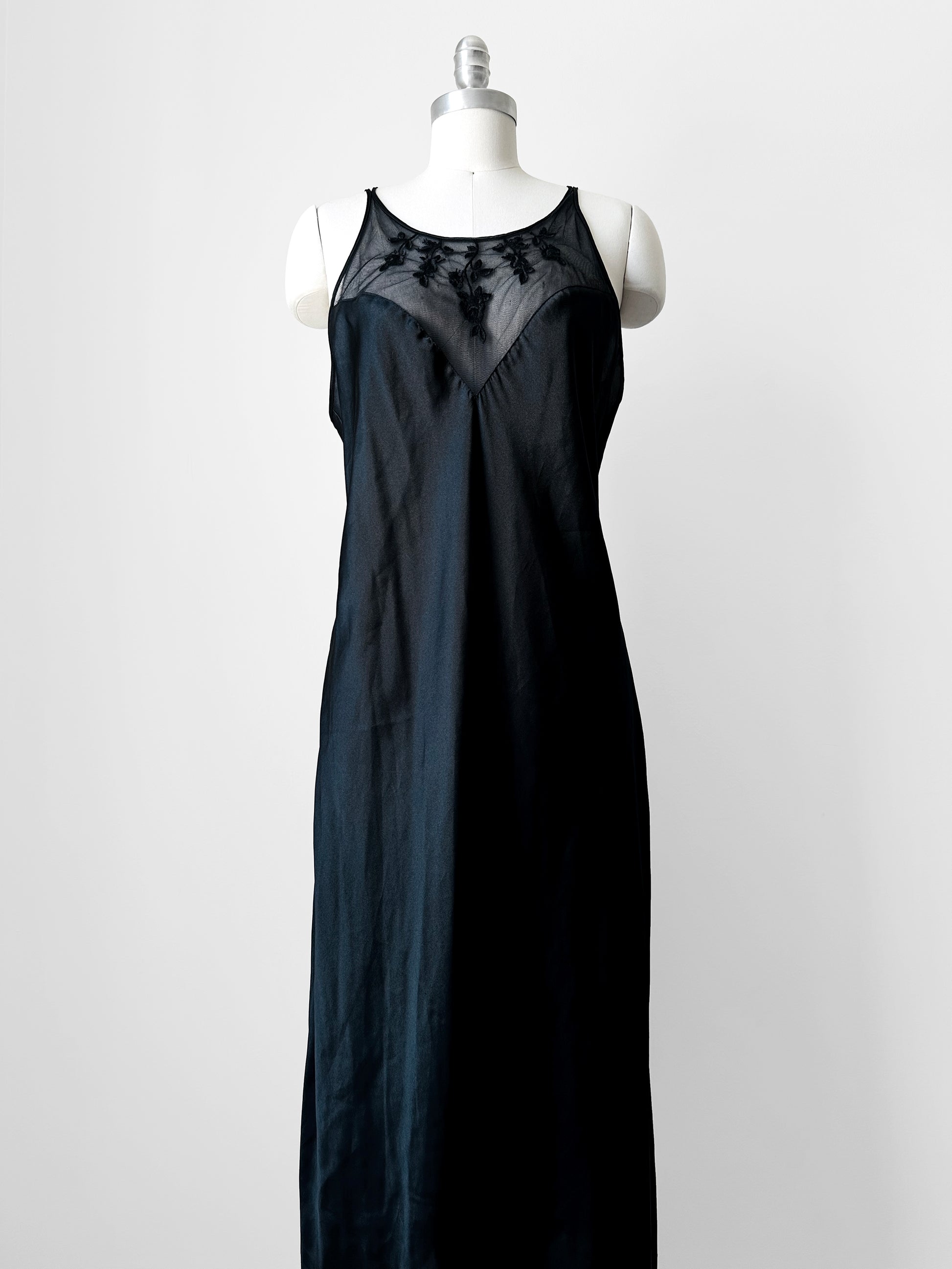 1990s Black Satin Sheer Embroidered Neck Slip Dress with Side Slit - S Box & Burrow Vintage 1990s Black Satin Sheer Embroidered Neck Slip Dress with Side Slit - S Box & Burrow Vintage