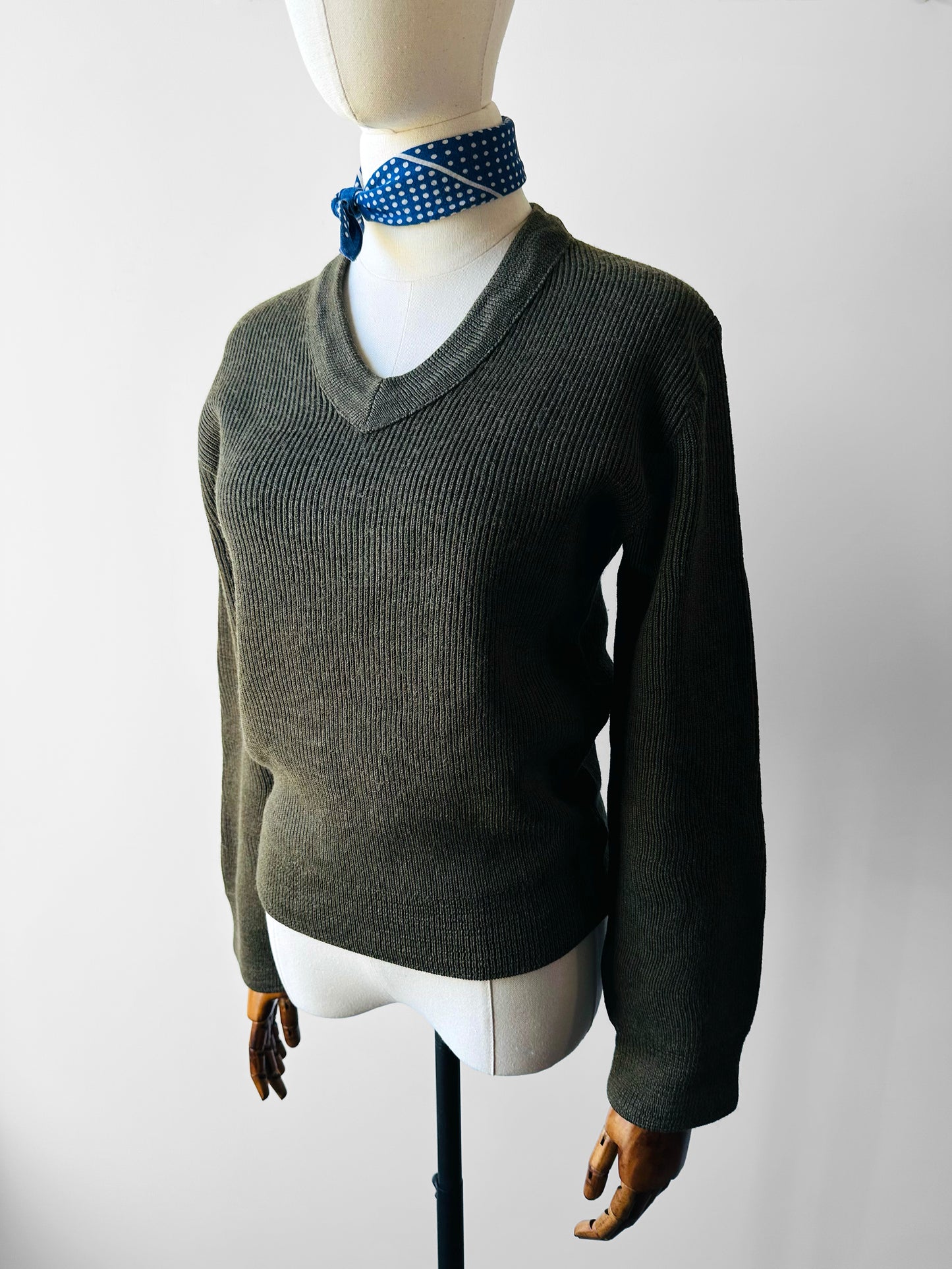 1980s French Military-Style Ribbed Wool Blended V-neck Sweater - Sz. Small