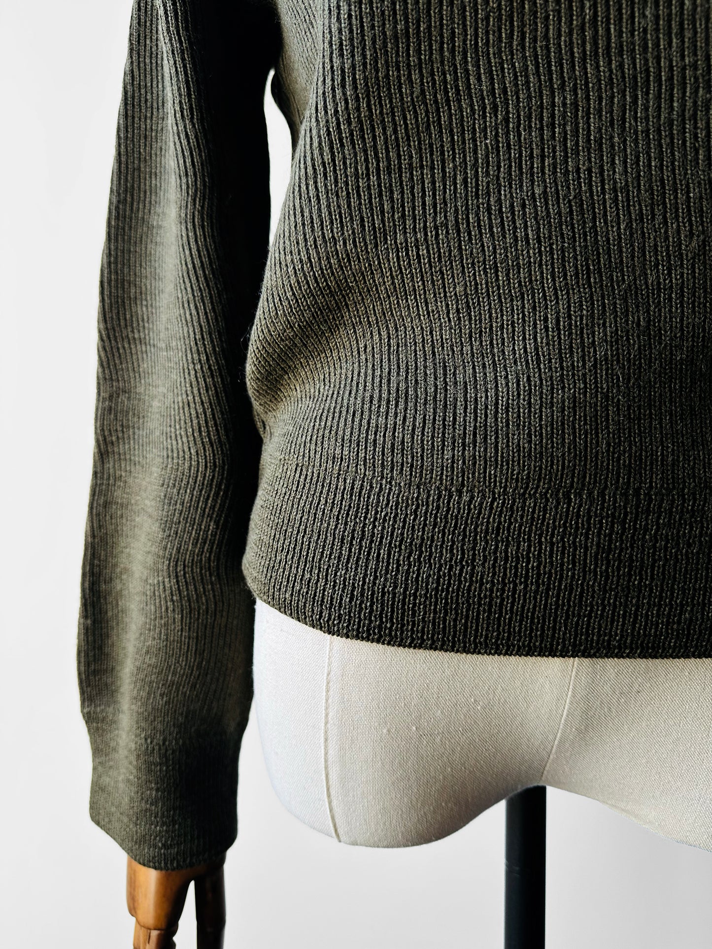 1980s French Military-Style Ribbed Wool Blended V-neck Sweater - Sz. Small