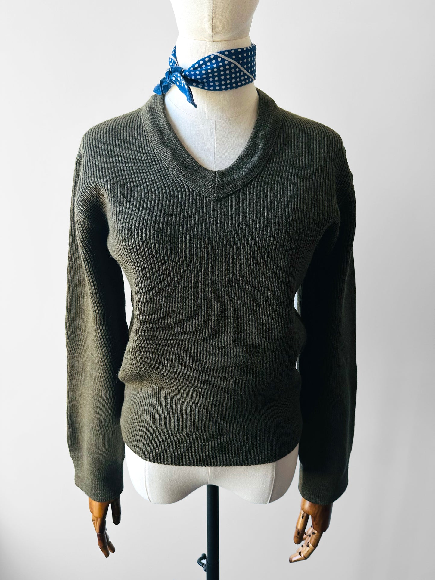 1980s French Military-Style Ribbed Wool Blended V-neck Sweater - Sz. Small
