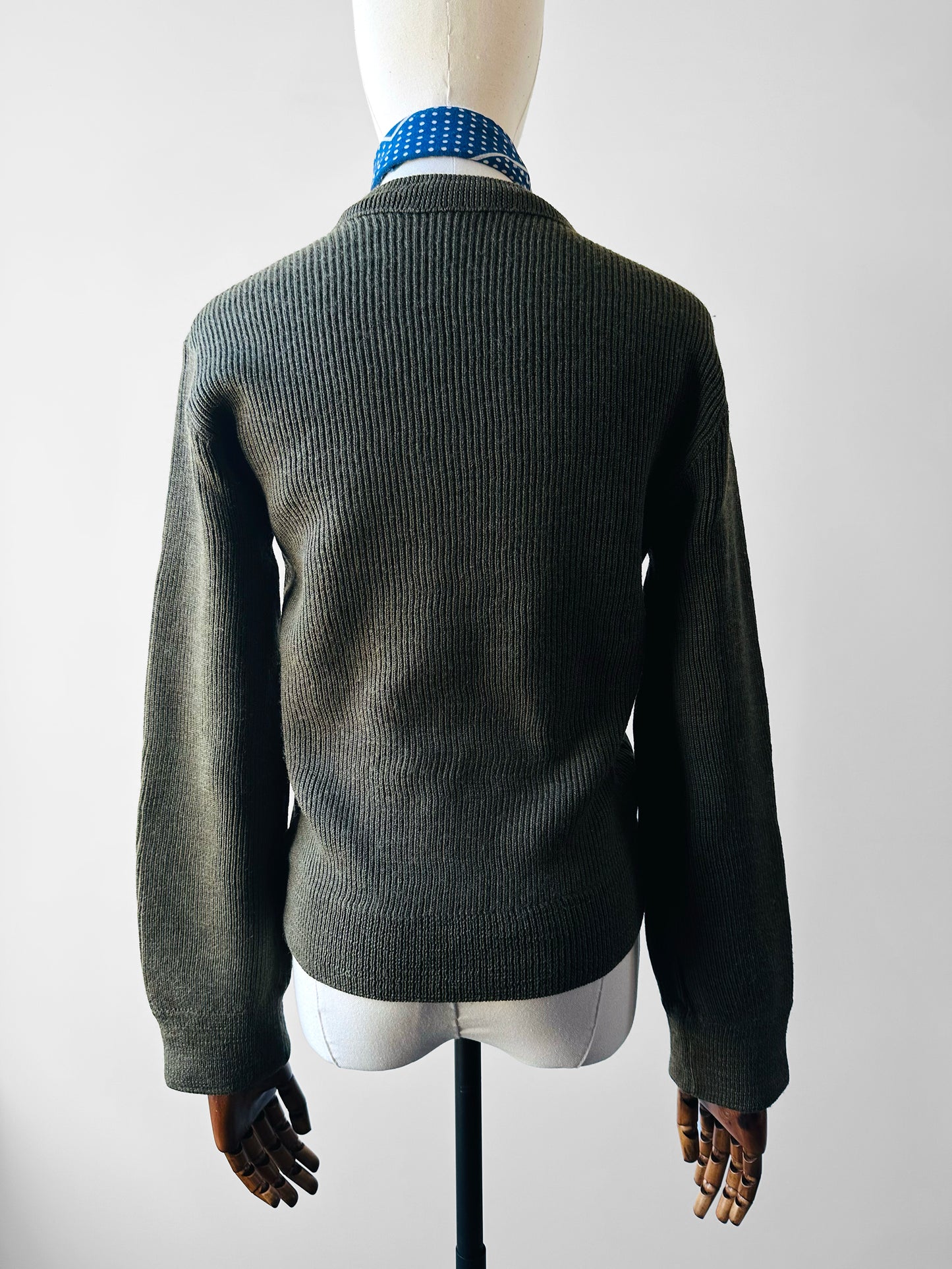 1980s French Military-Style Ribbed Wool Blended V-neck Sweater - Sz. Small