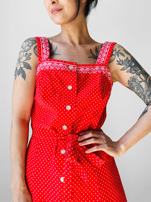 1960s - 1970s Red White Patterned Button Front Belted Cotton Dress - Sz. S/M