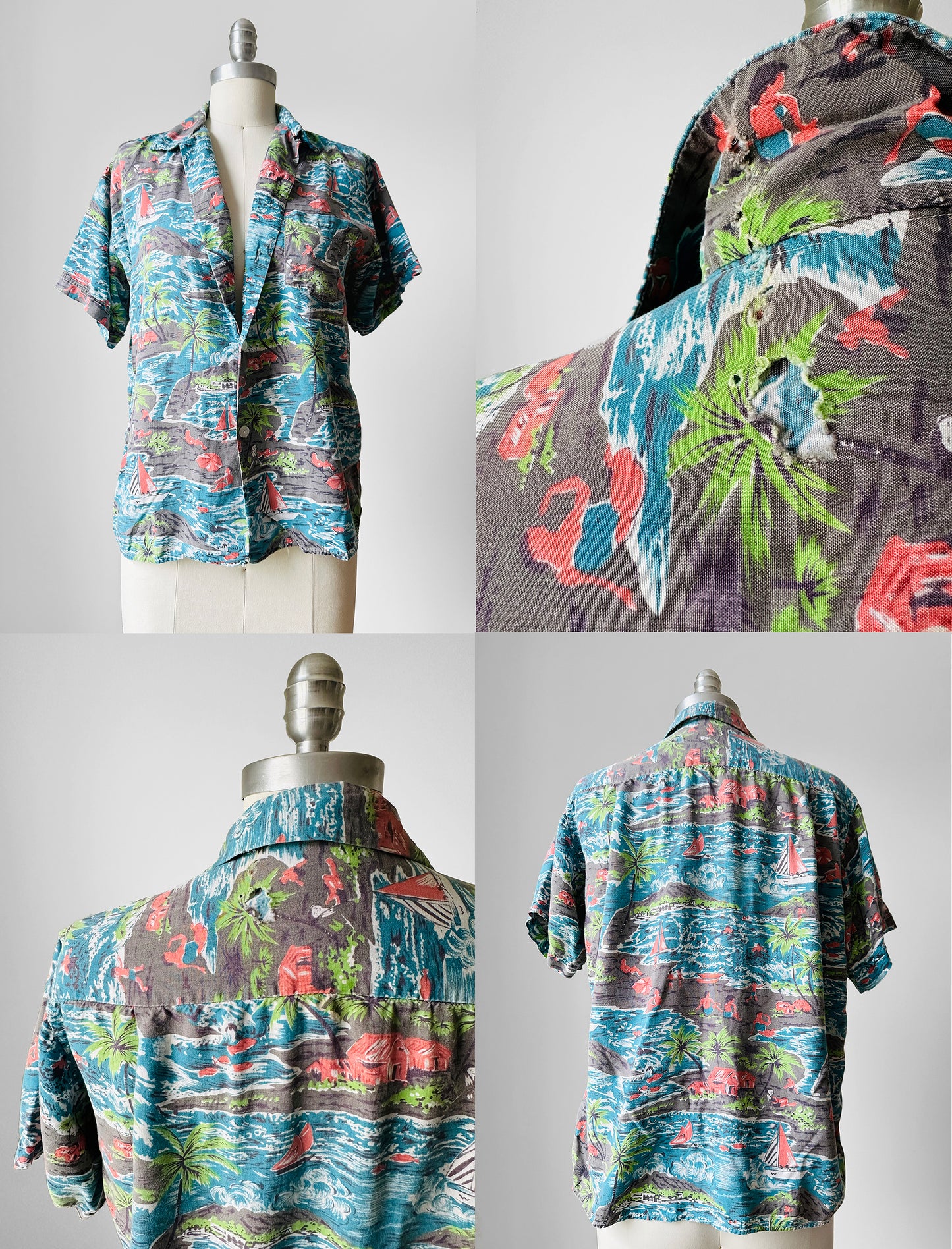 1960s Well Worn Cotton Palm Japan Button Up Shirt - Sz. S/M