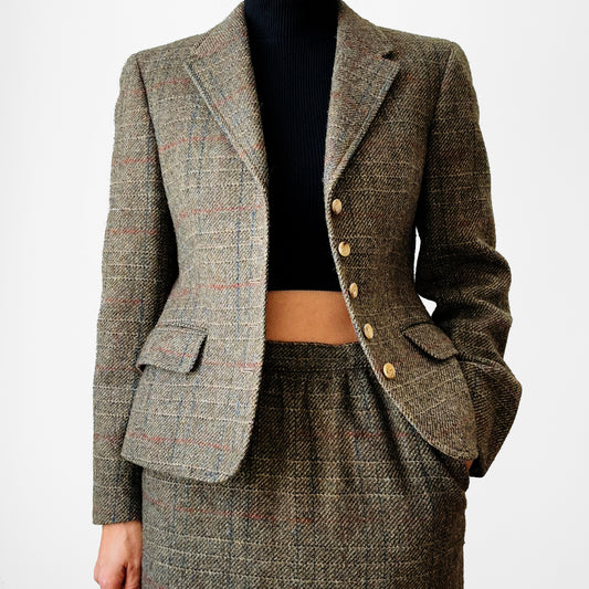 1990s-2000s DAKS LONDON Olive Green Brown Wool Plaid Short-Waisted Jacket and Skirt Set - Sz. XS/S