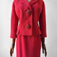 1960s Mid-Century Red Boucle Wool Skirt Suit with Decorative Tassel Buttons - Sz. Small