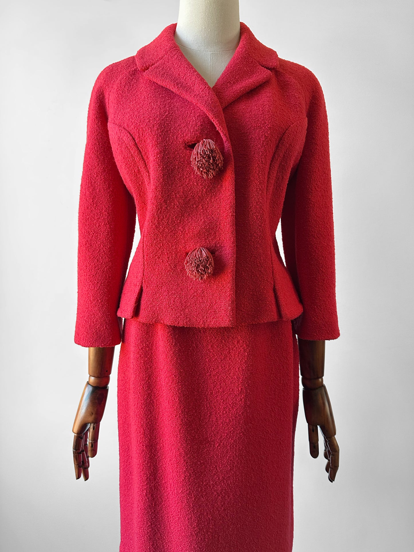 1960s Mid-Century Red Boucle Wool Skirt Suit with Decorative Tassel Buttons - Sz. Small