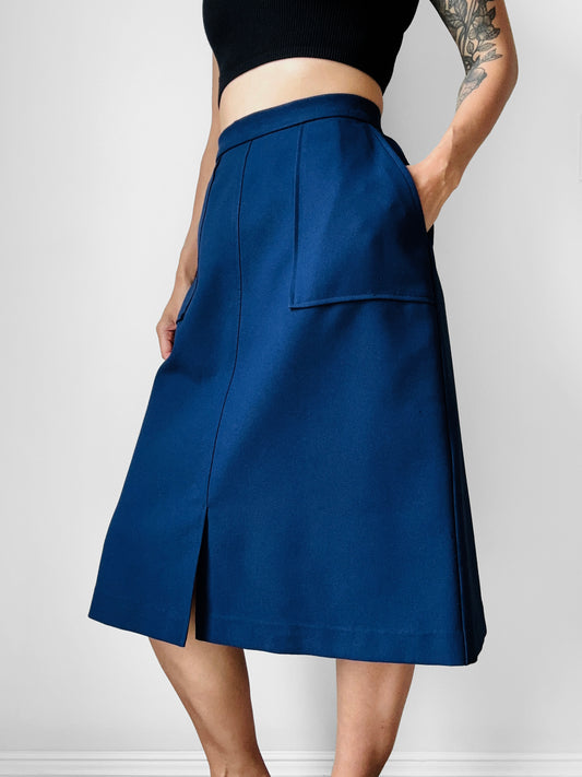 1970s Navy Blue Zip Back A-line Skirt - Sz. M/L