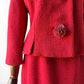 1960s Mid-Century Red Boucle Wool Skirt Suit with Decorative Tassel Buttons - Sz. Small