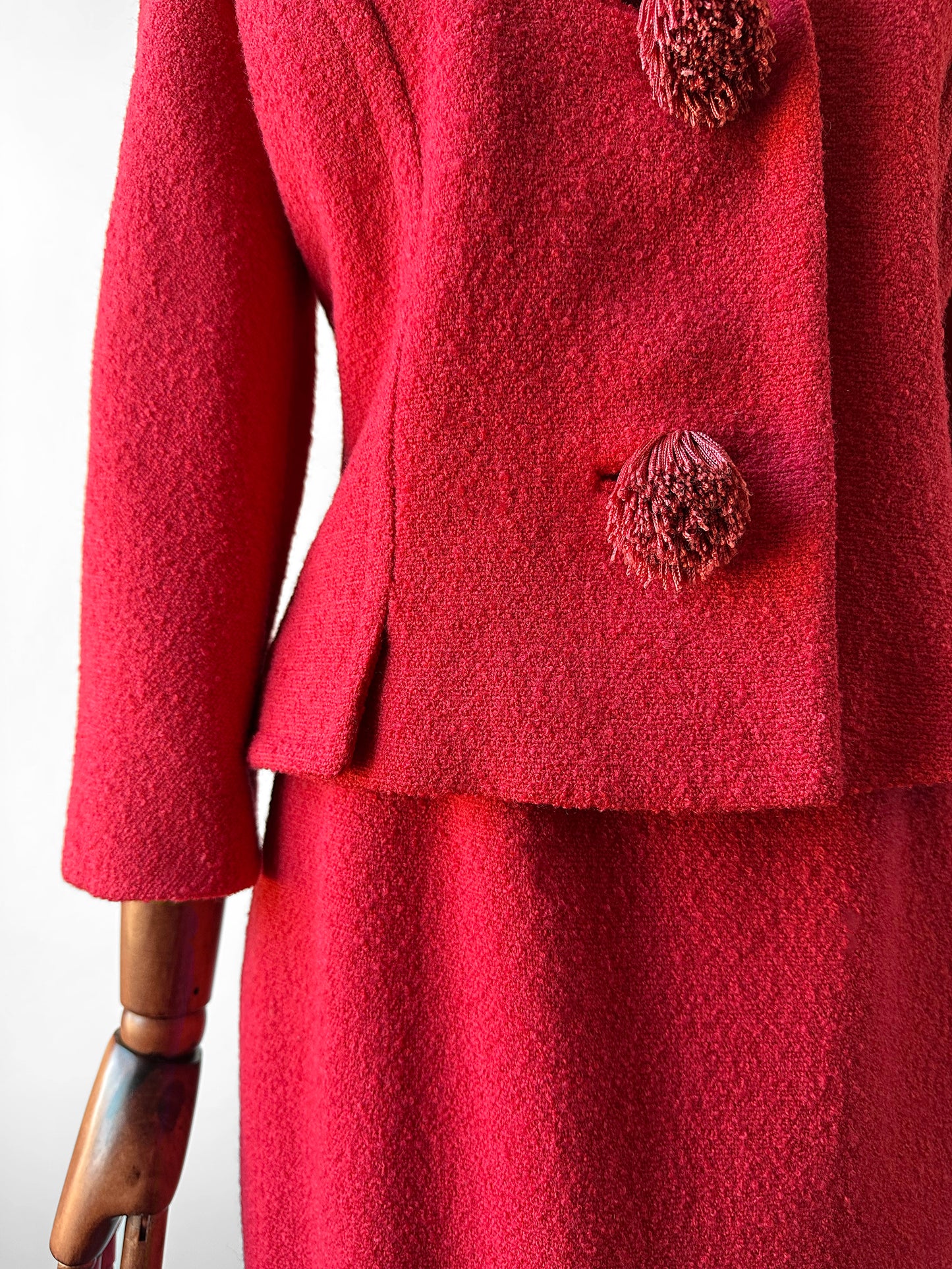 1960s Mid-Century Red Boucle Wool Skirt Suit with Decorative Tassel Buttons - Sz. Small