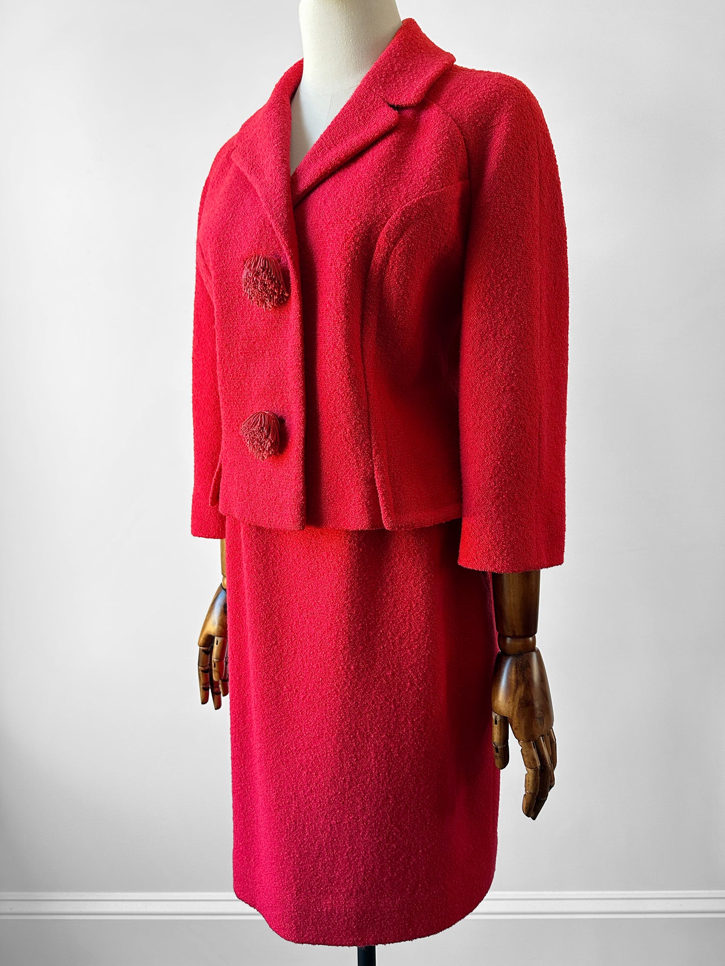 1960s Mid-Century Red Boucle Wool Skirt Suit with Decorative Tassel Buttons - Sz. Small