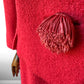 1960s Mid-Century Red Boucle Wool Skirt Suit with Decorative Tassel Buttons - Sz. Small