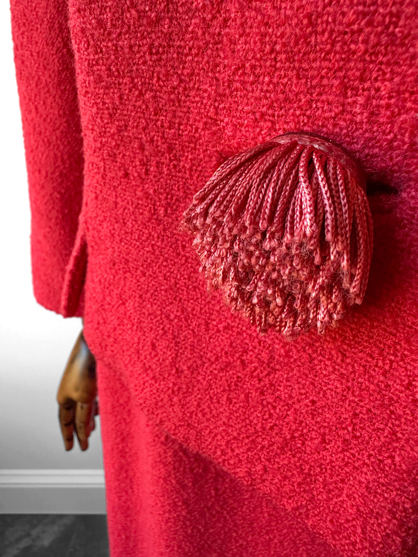 1960s Mid-Century Red Boucle Wool Skirt Suit with Decorative Tassel Buttons - Sz. Small