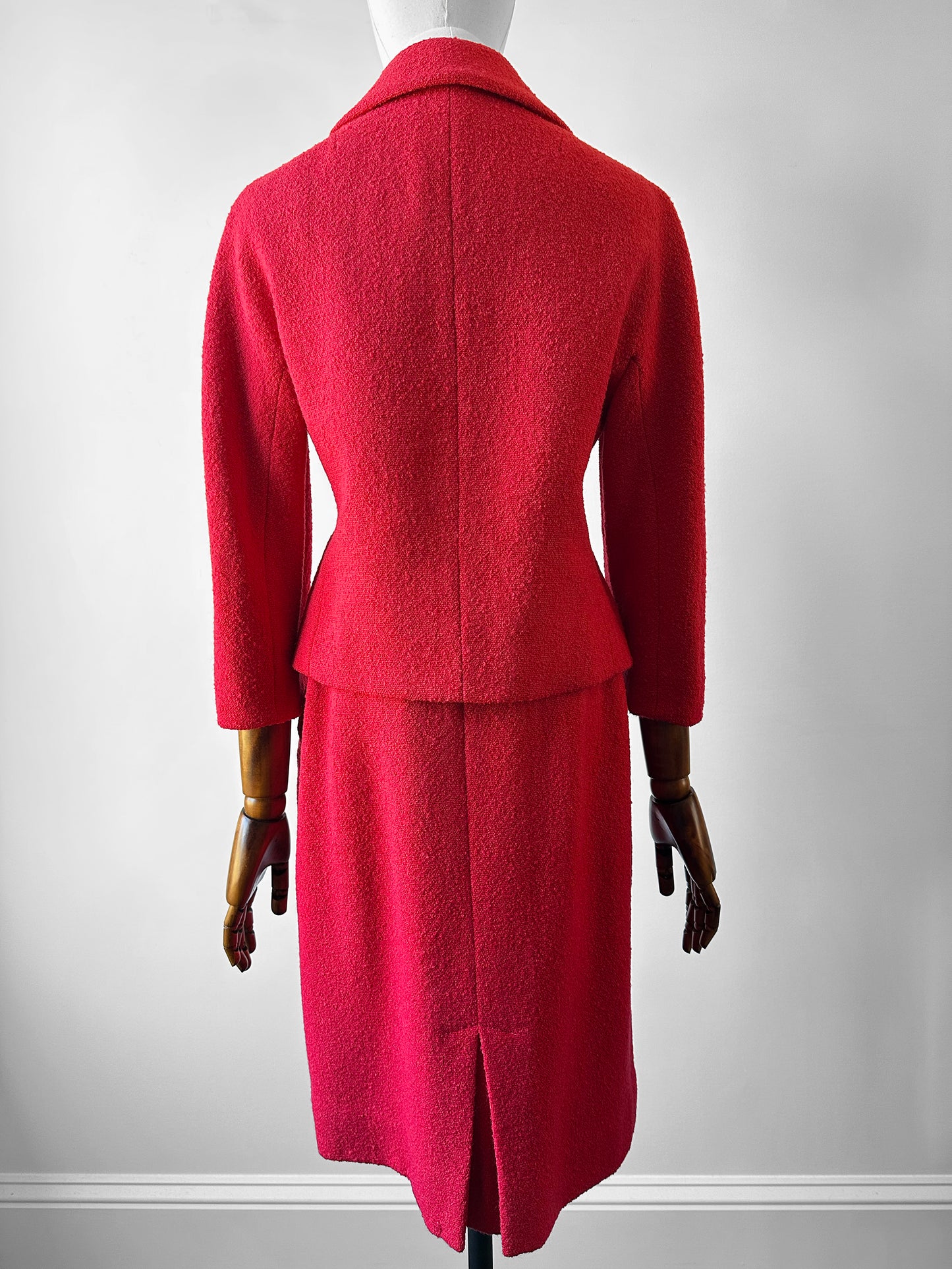 1960s Mid-Century Red Boucle Wool Skirt Suit with Decorative Tassel Buttons - Sz. Small