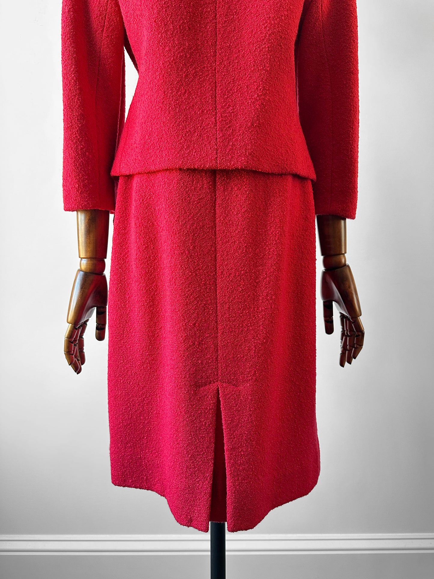 1960s Mid-Century Red Boucle Wool Skirt Suit with Decorative Tassel Buttons - Sz. Small