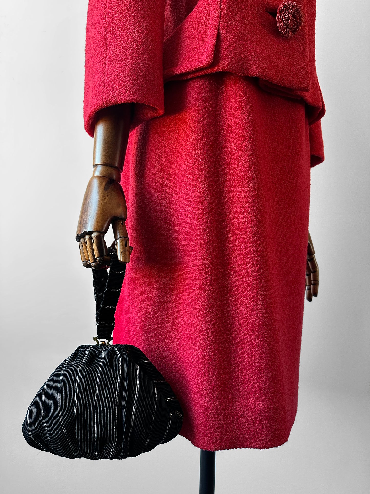 1950s Mid-Century Black Silver Ribbed Fabric Handbag with Coin Purse