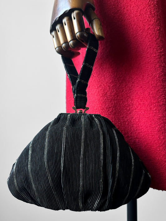 1950s Mid-Century Black Silver Ribbed Fabric Handbag with Coin Purse