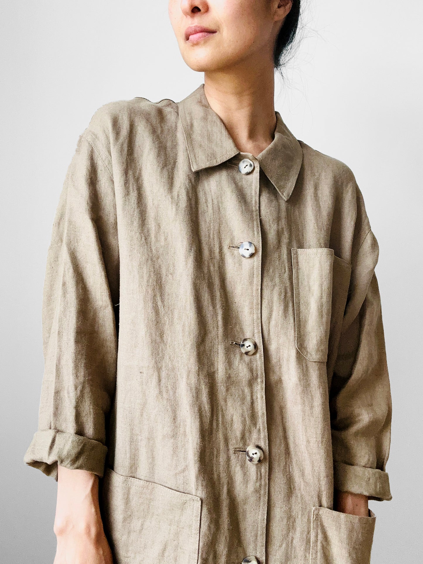 1980s Made in Canada Oatmeal Linen Button-Front Chore Style Shirt - S/M