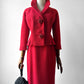 1960s Mid-Century Red Boucle Wool Skirt Suit with Decorative Tassel Buttons - Sz. Small