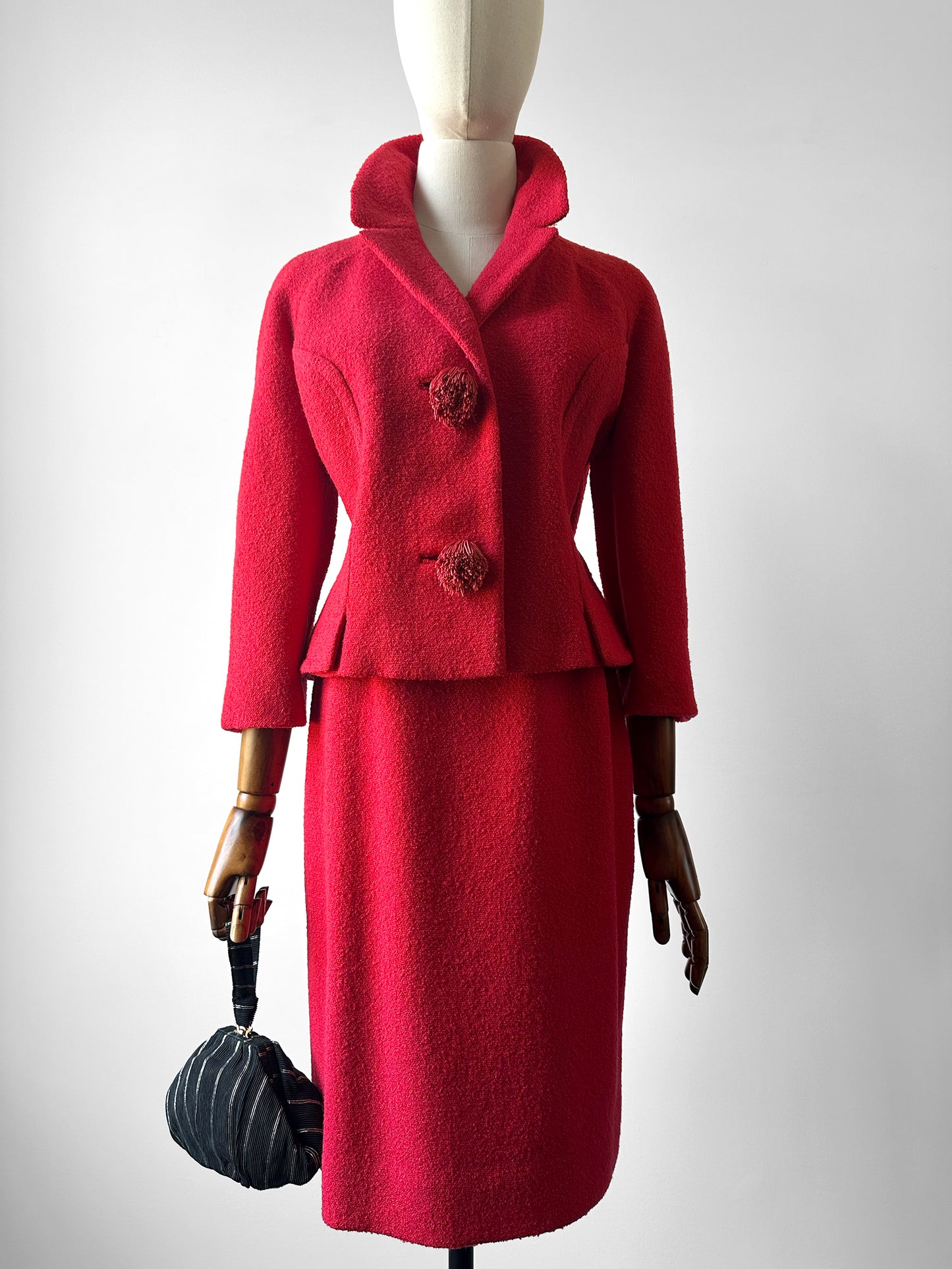 1960s Mid-Century Red Boucle Wool Skirt Suit with Decorative Tassel Buttons - Sz. Small
