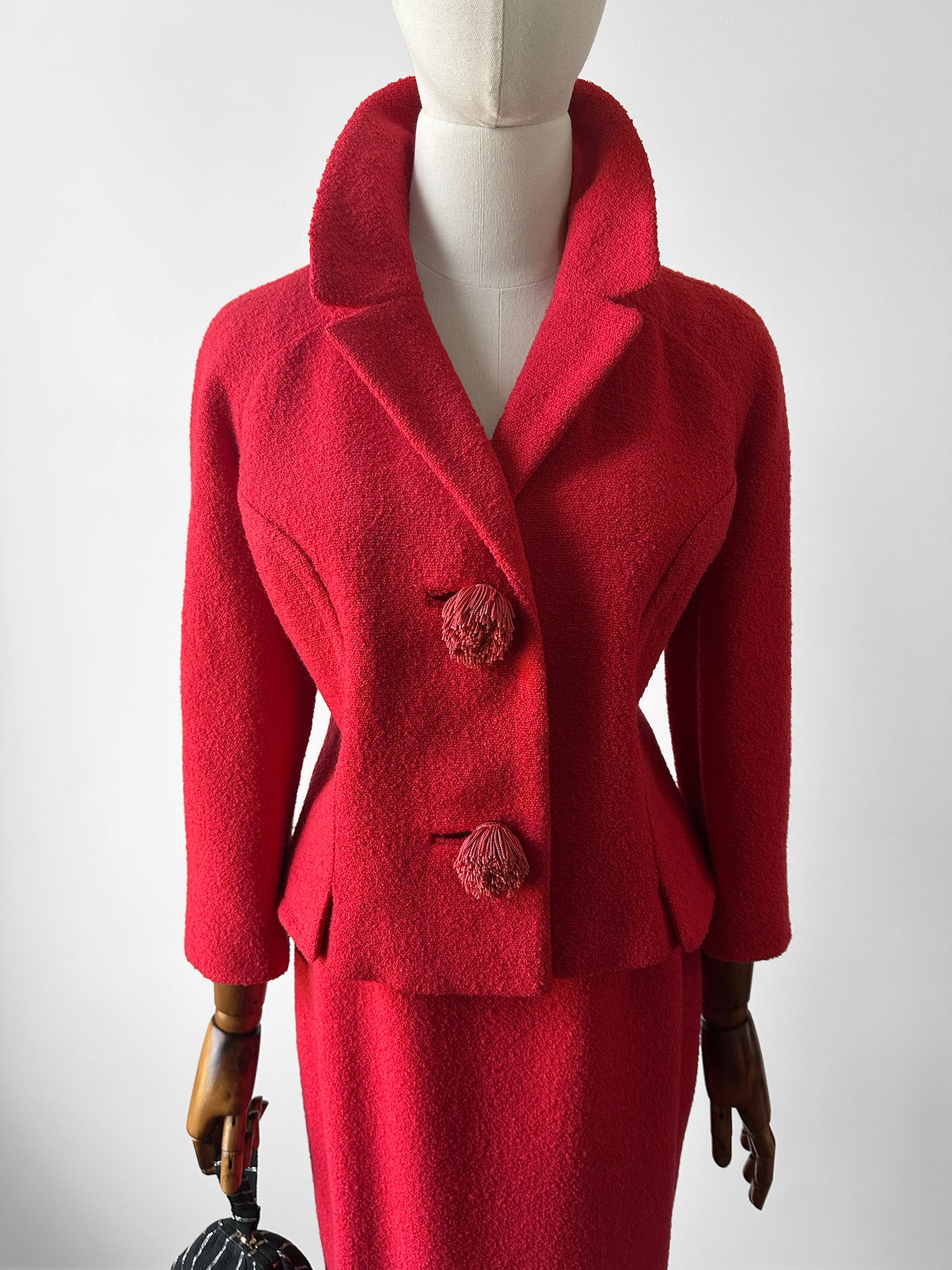 1960s Mid-Century Red Boucle Wool Skirt Suit with Decorative Tassel Buttons - Sz. Small