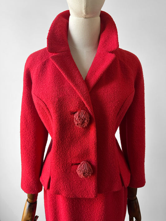 1960s Mid-Century Red Boucle Wool Skirt Suit with Decorative Tassel Buttons - Sz. Small