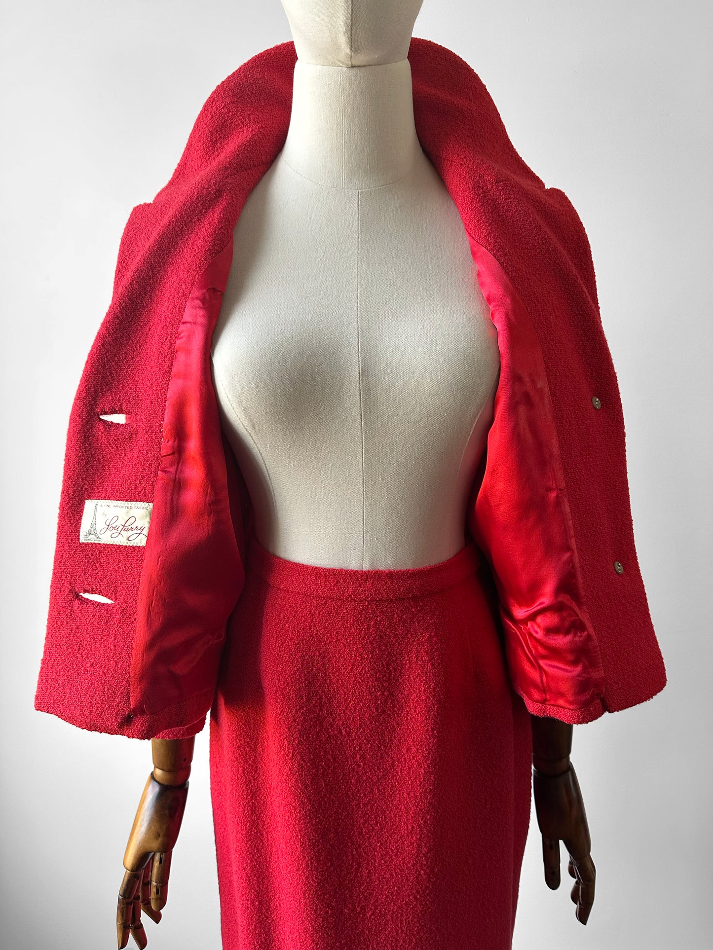 1960s Mid-Century Red Boucle Wool Skirt Suit with Decorative Tassel Buttons - Sz. Small